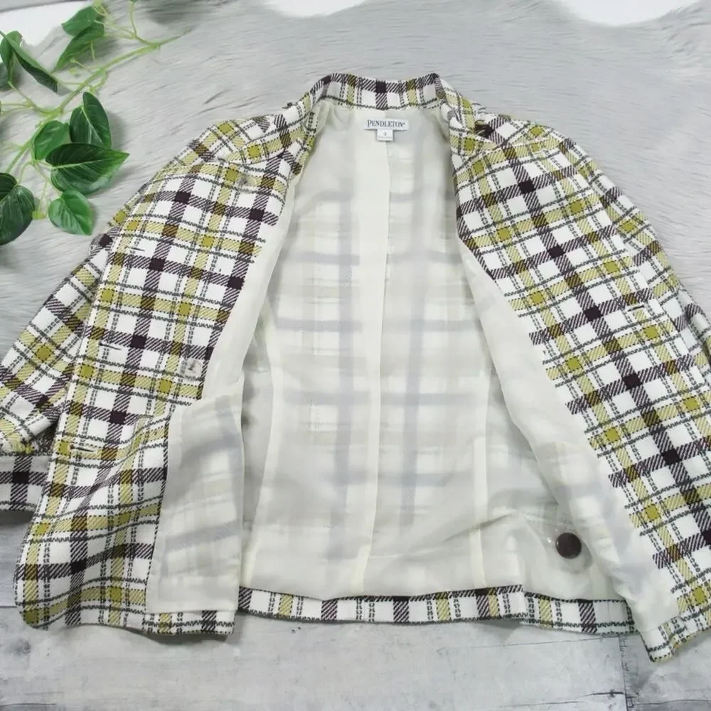 PENDLETON Plaid Tweed Jacket Double Breasted Fringe Trim Women’s Size 12
